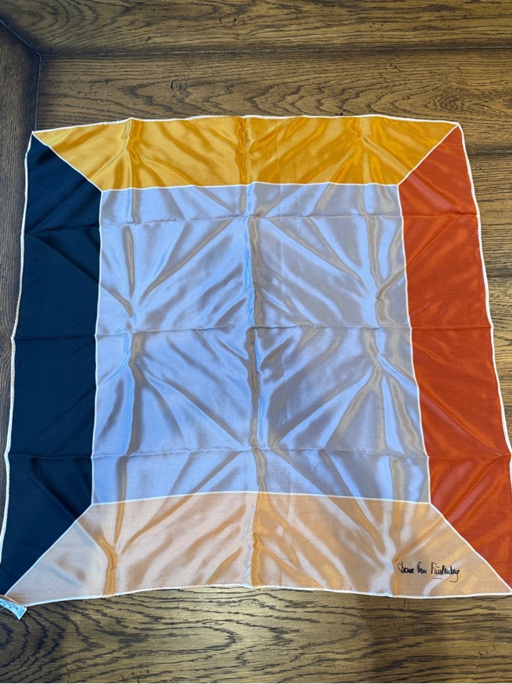 Vintage Colorblock Silk Scarf in Yellow, Black, Orange and Cream